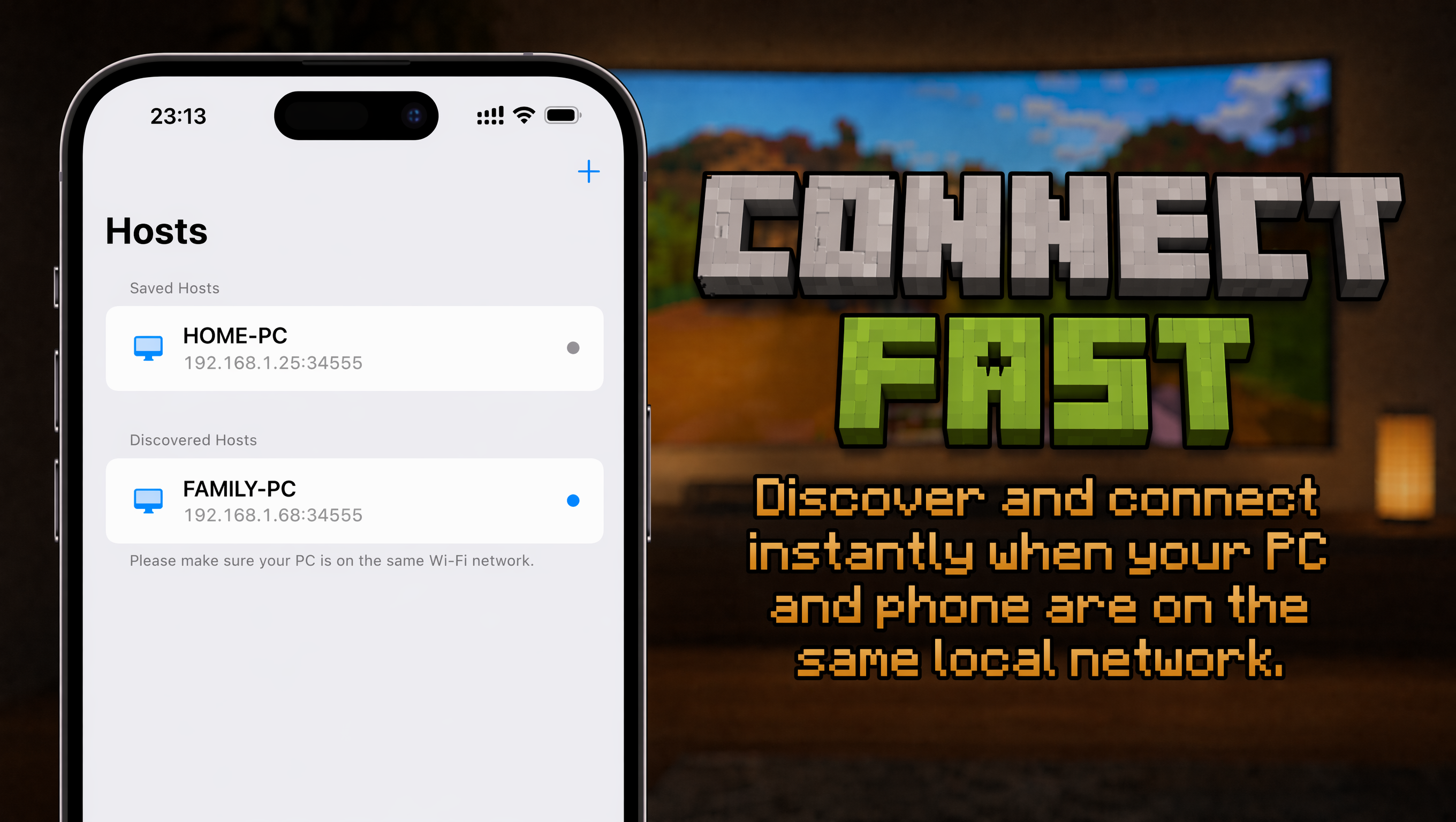 Phone showing a list of saved and discovered CouchMC hosts on the local network