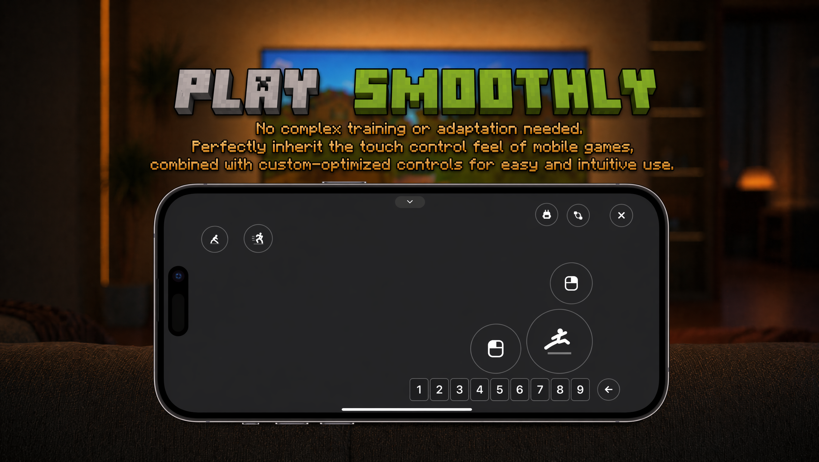 In-game controller layout with joystick, look pad, and hotbar overlaid on a Minecraft scene
